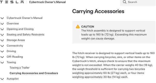 A screenshot of the Cybertruck owner's manual showing the hitch assembly warning