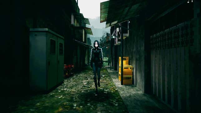 A woman dressed in black walks down a rundown alley
