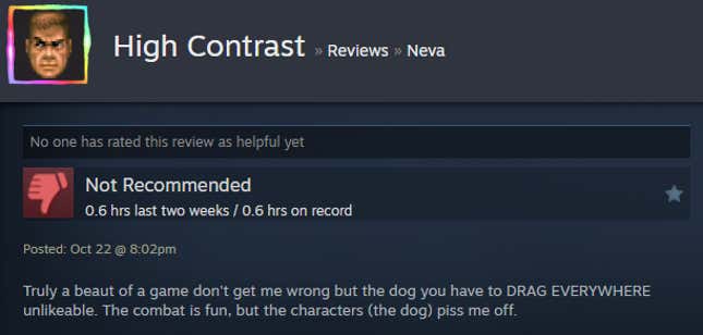 A screenshot shows a Steam user review from Neva.