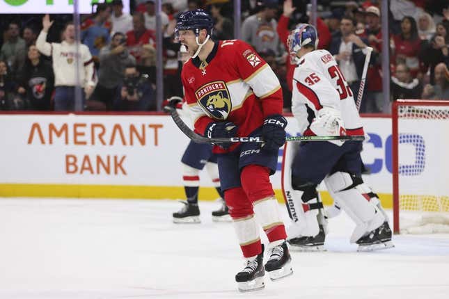 Feb 8, 2024; Sunrise, Florida, USA; Florida Panthers center Sam Reinhart (13) celebrates after scoring against the Washington Capitals during the second period at Amerant Bank Arena.