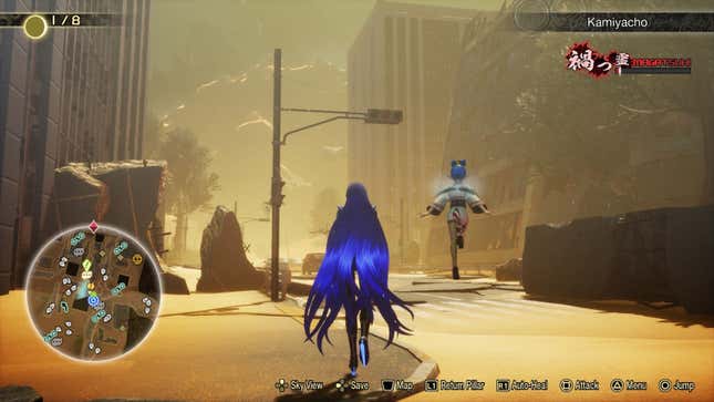 Our blue-haired protagonist walks through a dusty city street.