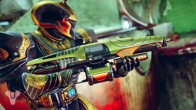 A Destiny 2 Guardian holds up a rare space gun. 