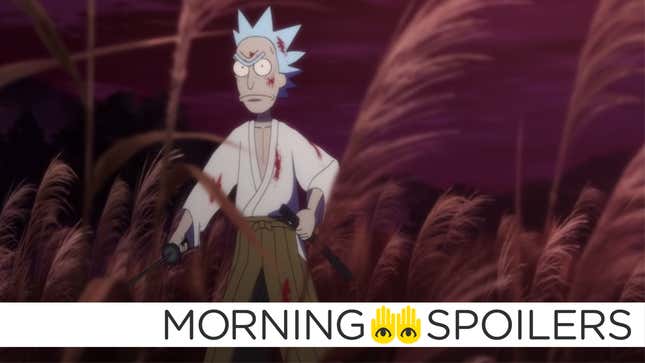 Animated Rick of Rick and Morty, wearing blood-stained traditional Japanese robes, unseathes a katana in a breeze-strewn field.