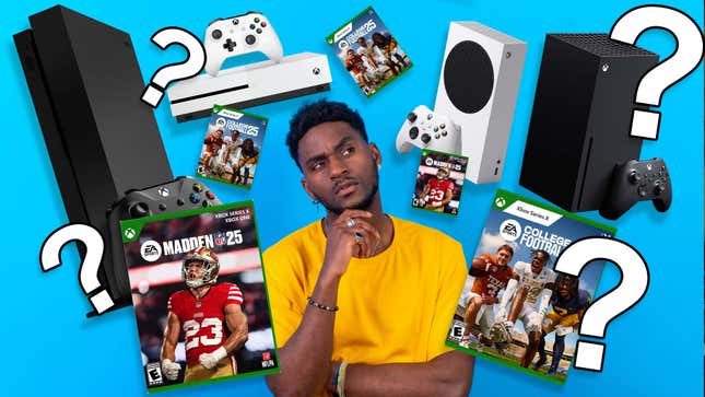 An image shows a confused man looking at Xbox consoles and games. 