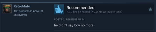 Screenshot of Steam review reading, "He stopped talking about boys."