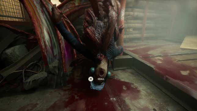 The player looks at a body being consumed by monstrous flesh.