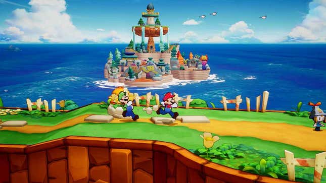 Mario et Luigi traversent une colline herbeuse avec l'océan et une île en arrière-plan.