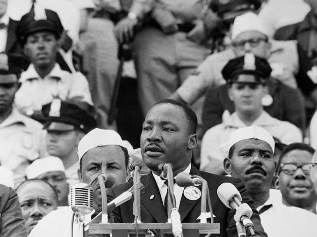 Martin Luther King Jr. gives his “I Have a Dream” speech to a crowd before the Lincoln Memorial during the Freedom March in Washington, DC, on August 28, 1963. The widely quoted speech became one of his most famous.