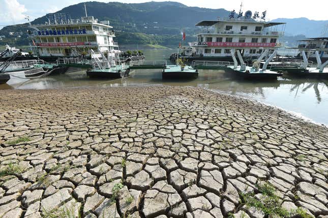 Boats on the dried-out riverbed on the Yangtze near Chongqing on August 16.