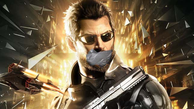 An image shows Adam Jensen from Deus Ex with tape covering his mouth. 