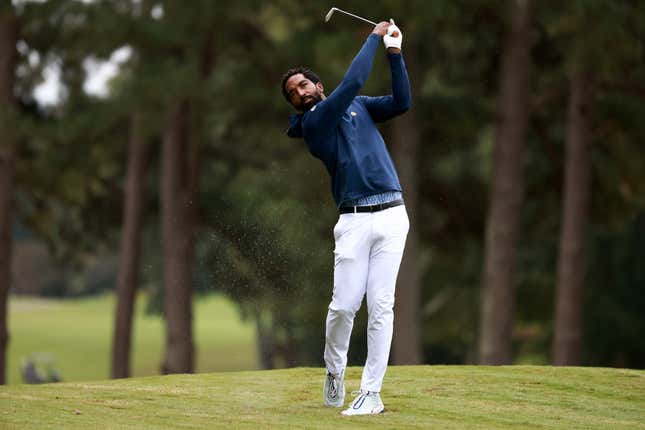 J.R. Smith of the North Carolina A&amp;T Aggies hits an approach shot to the 7th green during the Phoenix Invitational at Alamance Country Club on October 11, 2021 in Burlington, North Carolina.