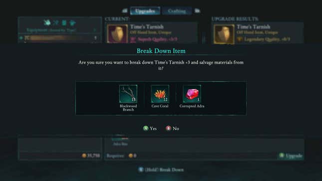 The breaking down items screen.