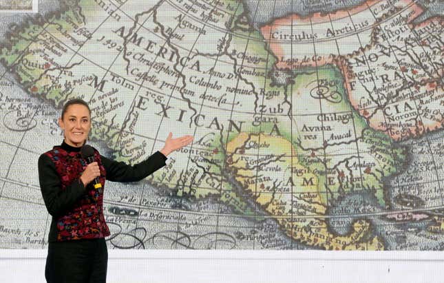 Mexico’s President Claudia Sheinbaum speaks during her daily conference at the National Palace in Mexico City on January 8, 2025. 