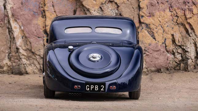 Rear of a 1937 dark blue Bugatti Type 57SC Atalante