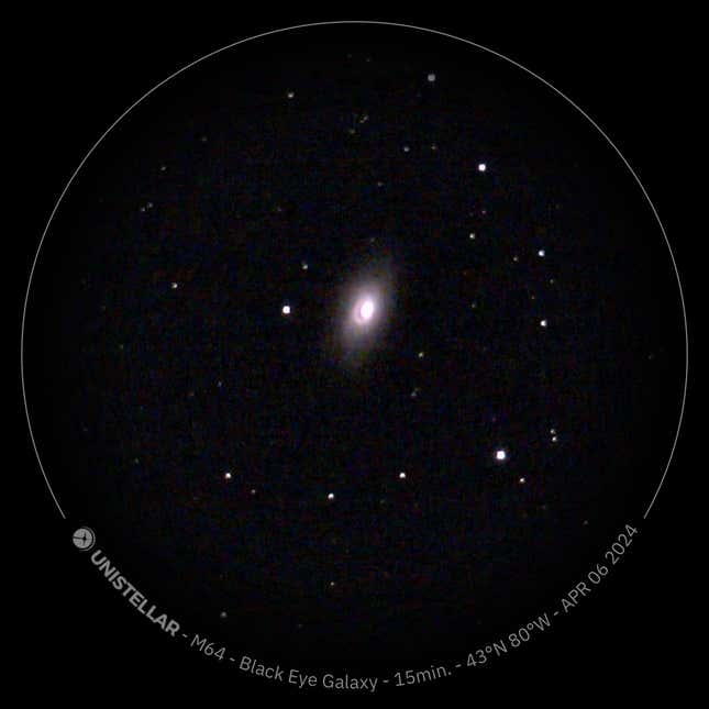 The Black Eye galaxy, as imaged by the Odyssey Pro, with Unistellar’s very helpful watermarking. 