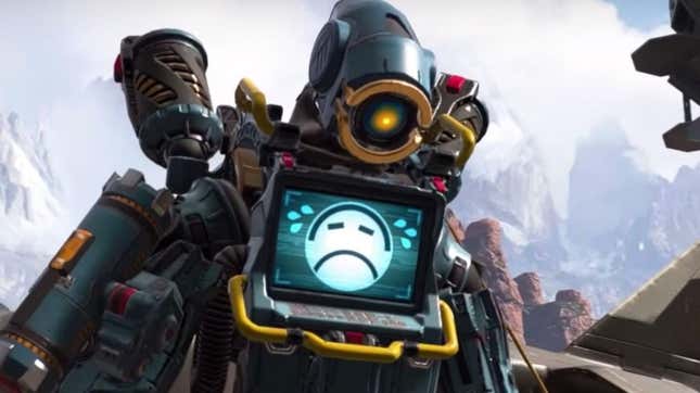 Apex Legends' Pathfinder robot makes a sad face on its display screen. 