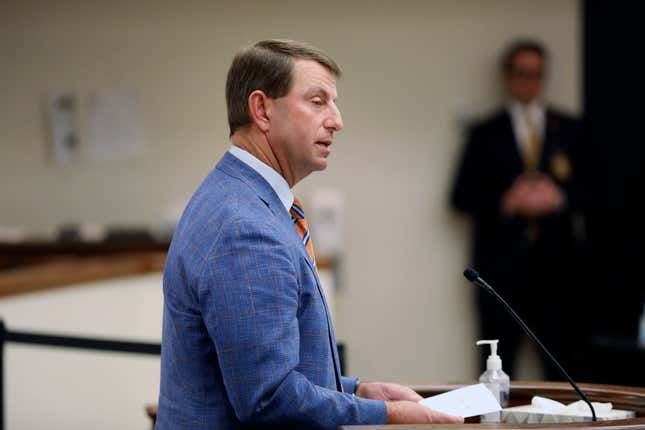 Clemson football coach Dabo Swinney speaks at a meeting of a South Carolina House committee considering a bill allowing schools to help athletes with name, image and likeness deals on Tuesday, Feb. 6, 2024, in Columbia, S.C. (AP Photo/Jeffrey Collins)