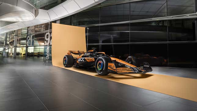 A photo of the black and orange McLaren F1 car. 