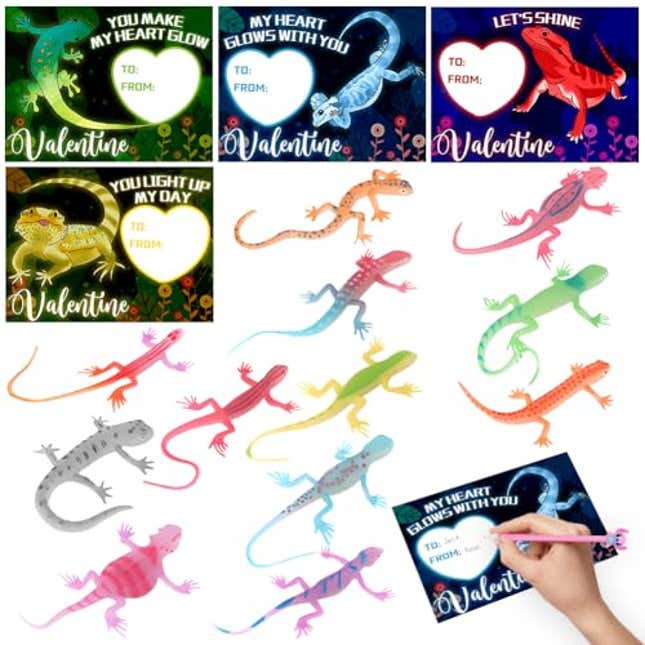 Image for article titled Rtqqdv 24 Pcs Pcs Valentine&#39;s Day Cards with Glow in Dark Lizards and Clear Gift Bags, Now 23% Off