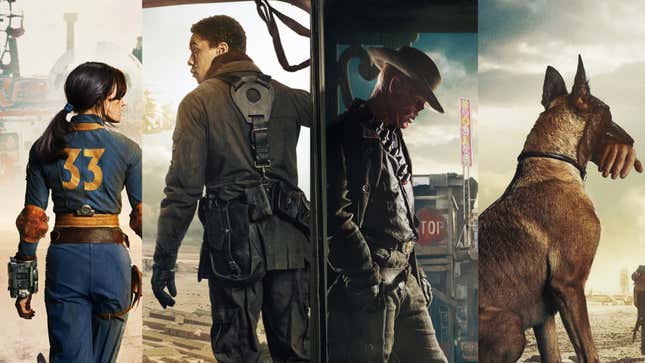 لوسي (إيلا بورنيل)، ماكسيموس (آرون موتن)، الغول (والتون جوجينز)، والكلب في الفن الرئيسي لفيلم Fallout من برايم فيديو.