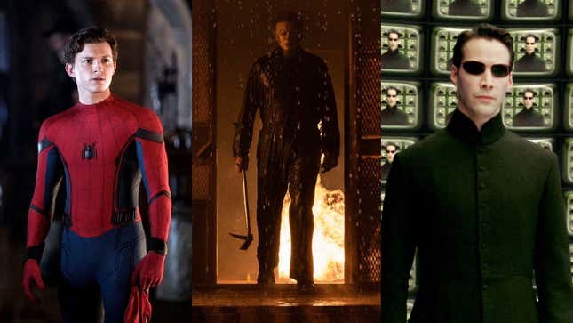 A three-part photo shows Spider-Man, Michael Myers from Halloween, and Neo from The Matrix.