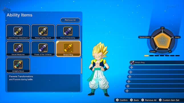 The Ability Items screen with Gotenks equipped with the Broly’s Ring item.