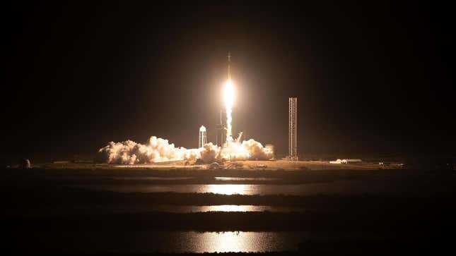 The Falcon 9, with Odie on board, launching from Kennedy Space Center on February 15, 2024.