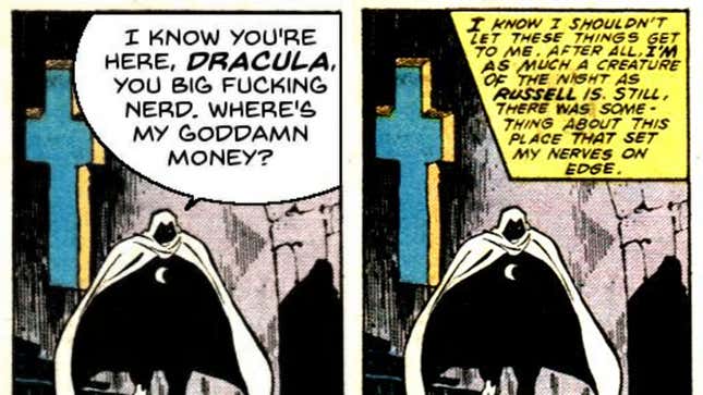 The modified panel from Solo Avengers #3 of Moon Knight asking Dracula "Where's my goddamn money?" alongside the real panel from the issue.