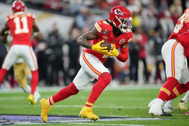 February 11, 2024;  Paradise, Nevada, USA;  Kansas City Chiefs wide receiver Rushie Rice (4) runs with the ball against the San Francisco 49ers during the second quarter of Super Bowl LVIII at Allegiant Stadium.