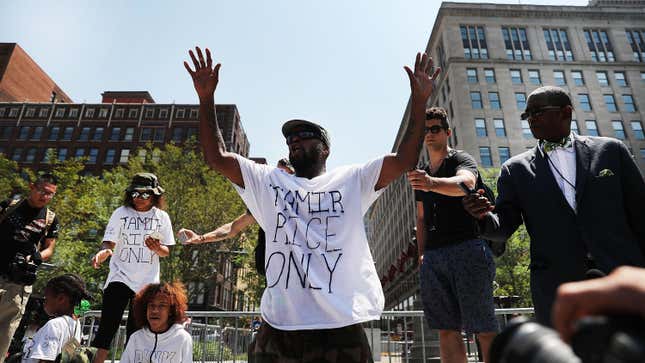 A man speaks out against the shooting of 12 year-old Tamir Rice by police near the site of the Republican National Convention (RNC) in downtown Cleveland on the second day of the convention on July 19, 2016 in Cleveland, Ohio.