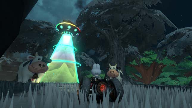 Shy Guy drives toward a UFO and a couple of smiling cows.