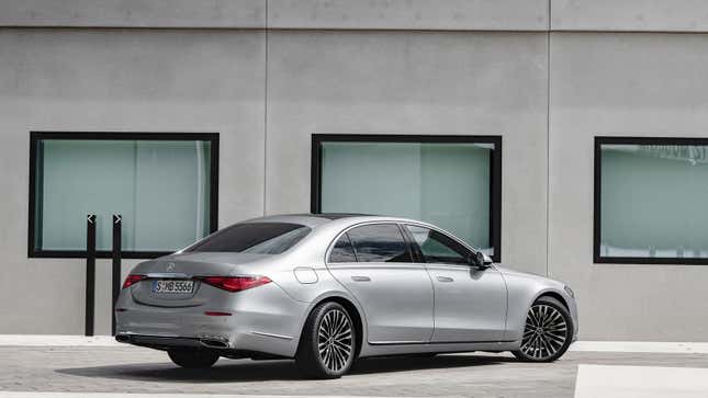 A grey Mercedes S Class sedan. 