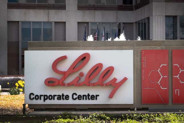 A sign with the company logo sits on the headquarters campus of Eli Lilly and Company on March 17, 2024 in Indianapolis, Indiana.