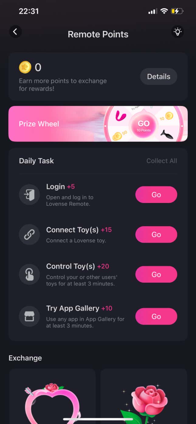 A screenshot of Lovense's daily tasks page.