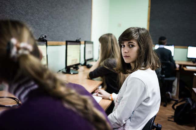 Marianna, a high-school student from Donetsk, at a Hebrew lesson at the Menorah center.