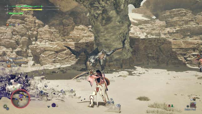 A Gypceros is hit by a slinger from a Sword and Shield-wearing Hunter.