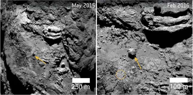 Two images of a comet's surface.