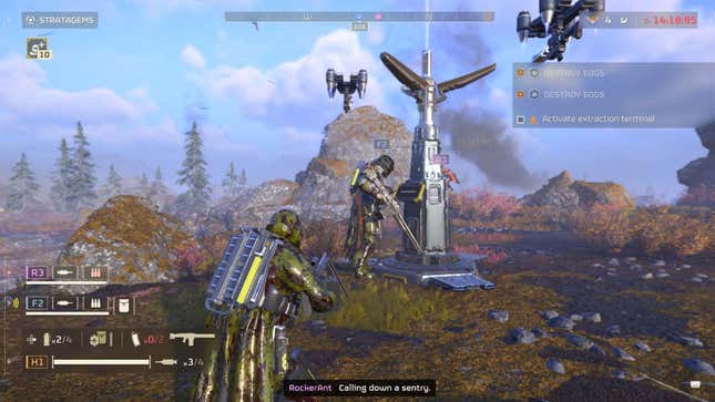An image shows two players in Helldivers completing a mission. 