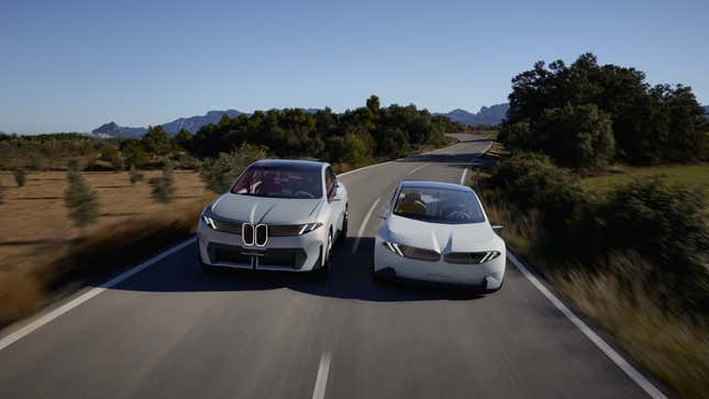 A photo of BMW's two Vision Neue Klasse concept cars. 