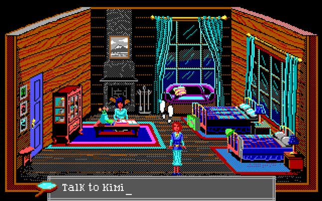 A screenshot of The Crimson Diamond shows the redheaded protagonist in a rustic lodge room, while another woman sits at a nearby table. The text parser at the bottom reads "Talk to Kimi."