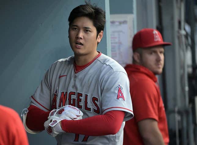 Shohei Ohtani of the Los Angeles Angels looks on during a game