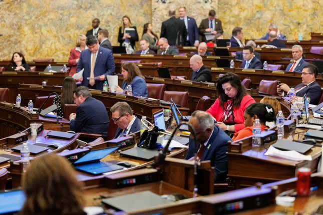 Pennsylvania state representatives held a voting session on Wednesday, April 10, 2024, in the state Capitol in Harrisburg, Pennsylvania. The House voted 146 to 54 to send the Senate a bill to require that consumers be notified when artificial intelligence has been used to generate content. (AP Photo/Mark Pynes)