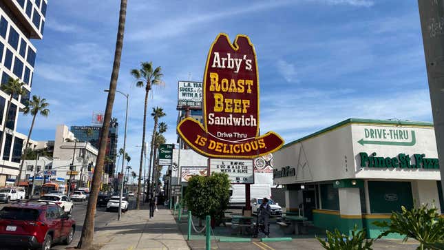 A photo of the Arbys cowboy hat shaped sign