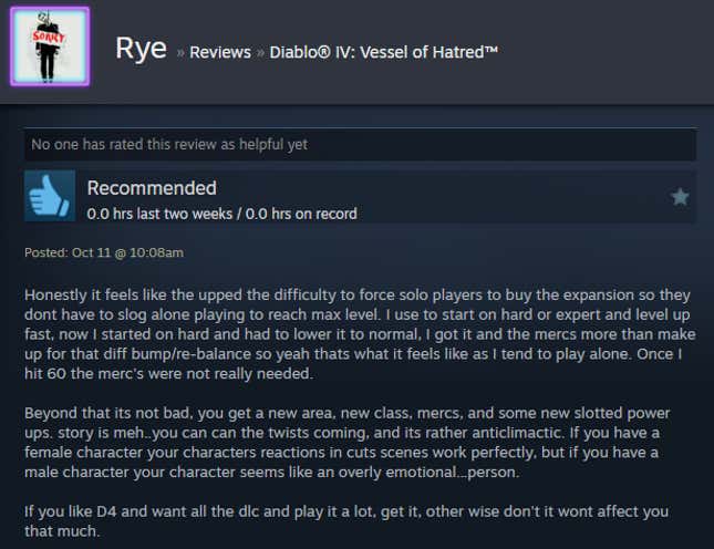 Image for article titled Diablo 4: Vessel Of Hatred, As Told By Steam Reviews