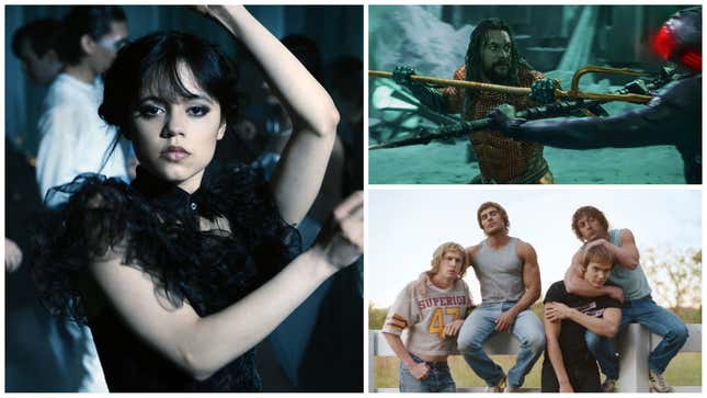 Clockwise from left: Wednesday (Netflix), Aquaman And The Lost Kingdom (Warner Bros. Pictures), The Iron Claw (A24)