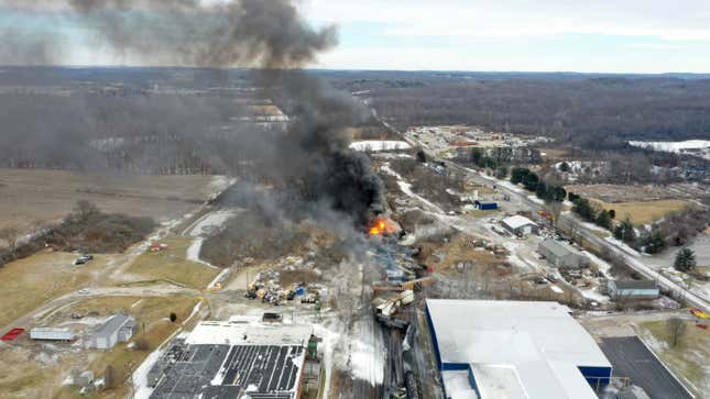 FILE - This photo taken with a drone shows portions of a Norfolk Southern freight train that derailed the night before in East Palestine, Ohio, still on fire at mid-day, Feb. 4, 2023. On Wednesday, Sept. 20, President Joe Biden ordered federal agencies to continue holding Norfolk Southern accountable for its February derailment in eastern Ohio and appoint a FEMA official to oversee East Palestine&#39;s recovery, but he still stopped short of declaring a disaster. (AP Photo/Gene J. Puskar, File)