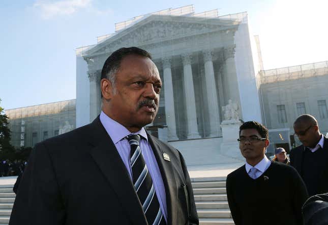 Rev Jesse Jackson Sr stands in front of the U.S. Supreme Court on October 10, 2012 in Washington, DC.