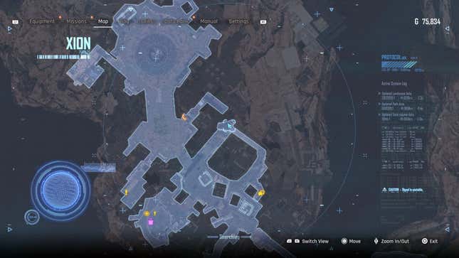 An image of Stellar Blade's main hub world of Xion, with the square cursor centered on the location of Aaron's Locker.