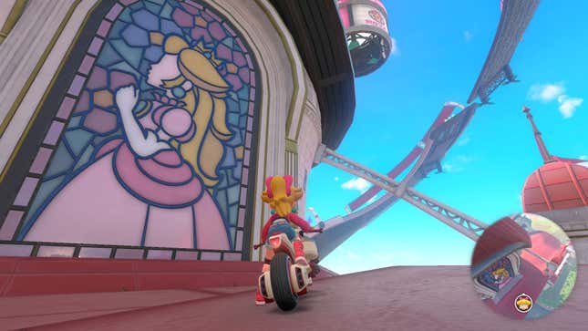 Princess Peach sits on a motorcycle on a backwards course.