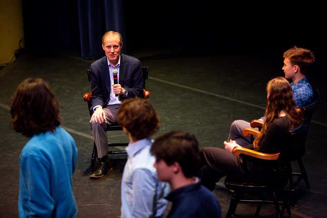 Breck School juniors Ainsley Kaufman and Graham Bailey interview Minnesota Secretary of State Steve Simon during a Q&amp;A with members of Voterama, a student group focused on voter advocacy and awareness at Breck School in Golden Valley, Minn., Friday, Dec. 1, 2023. (AP Photo/Nicole Neri)